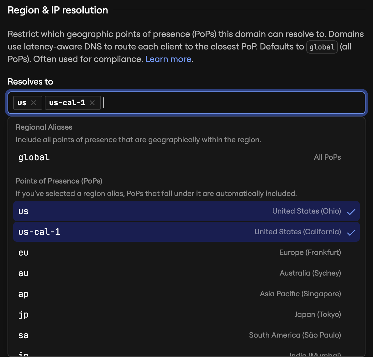 A screenshot of the ngrok dashboard showing the Region & IP Resolution option for a specific domain along with available PoPs