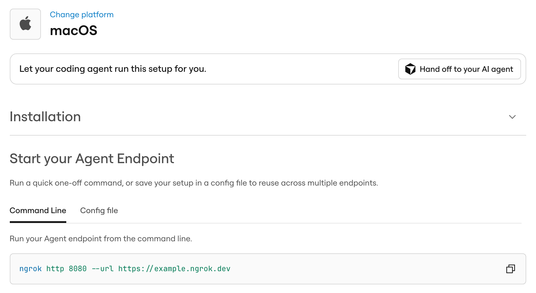 Agent Endpoint setup screen with the Hand off to your AI agent button above the CLI installation and start instructions.
