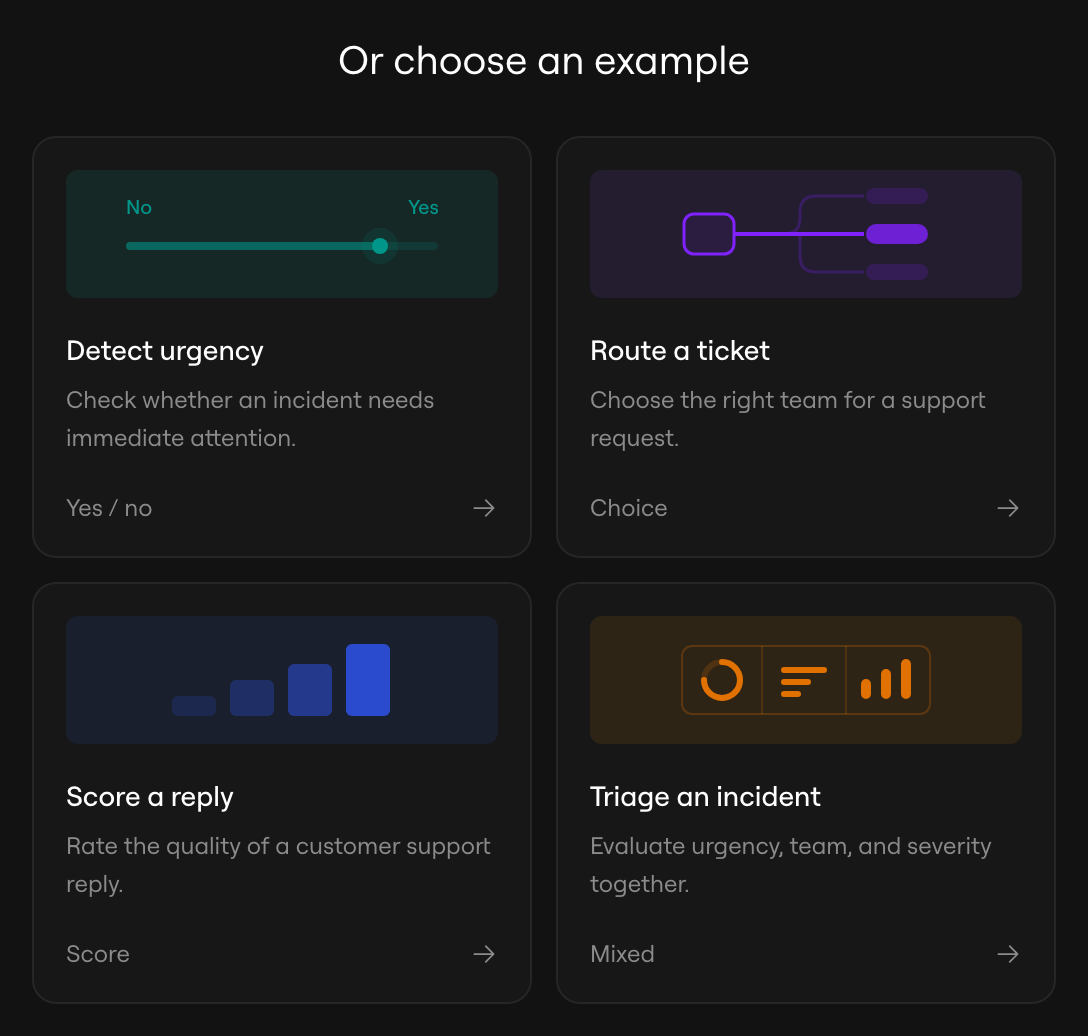 AI Gateway playground showing four example templates: Detect urgency, Route a ticket, Score a reply, and Triage an incident.