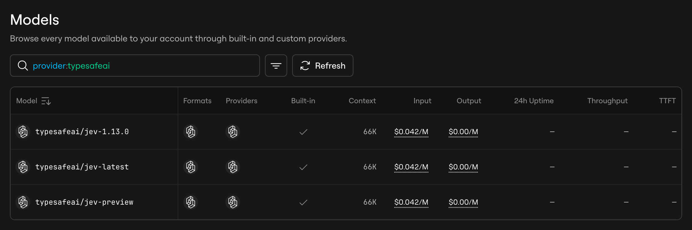 AI Gateway model catalog filtered to Typesafe AI, showing the three Jev models with their per-million-token prices.