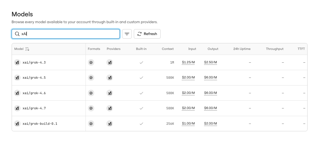 AI Gateway Models page with the search filtered to xAI, showing five built-in rows for xai/grok-4.3, xai/grok-4.5, xai/grok-4.6, xai/grok-4.7, and xai/grok-build-0.1, each with its context window and input and output token prices.