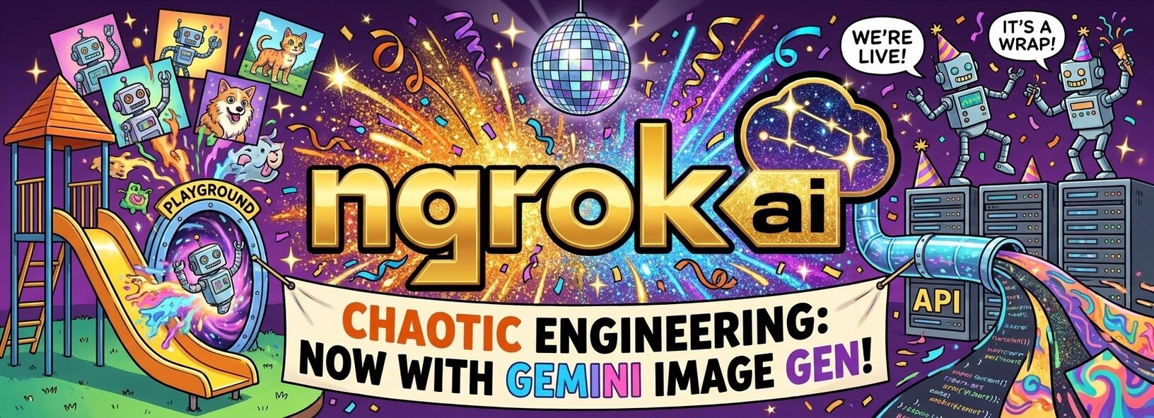 A Gemini-generated banner that reads "Chaotic engineering: now with Gemini image gen!" under a glittering ngrok.ai logo. A robot slides out of a playground portal on the left, and party robots on server racks on the right shout "We're live!" and "It's a wrap!"