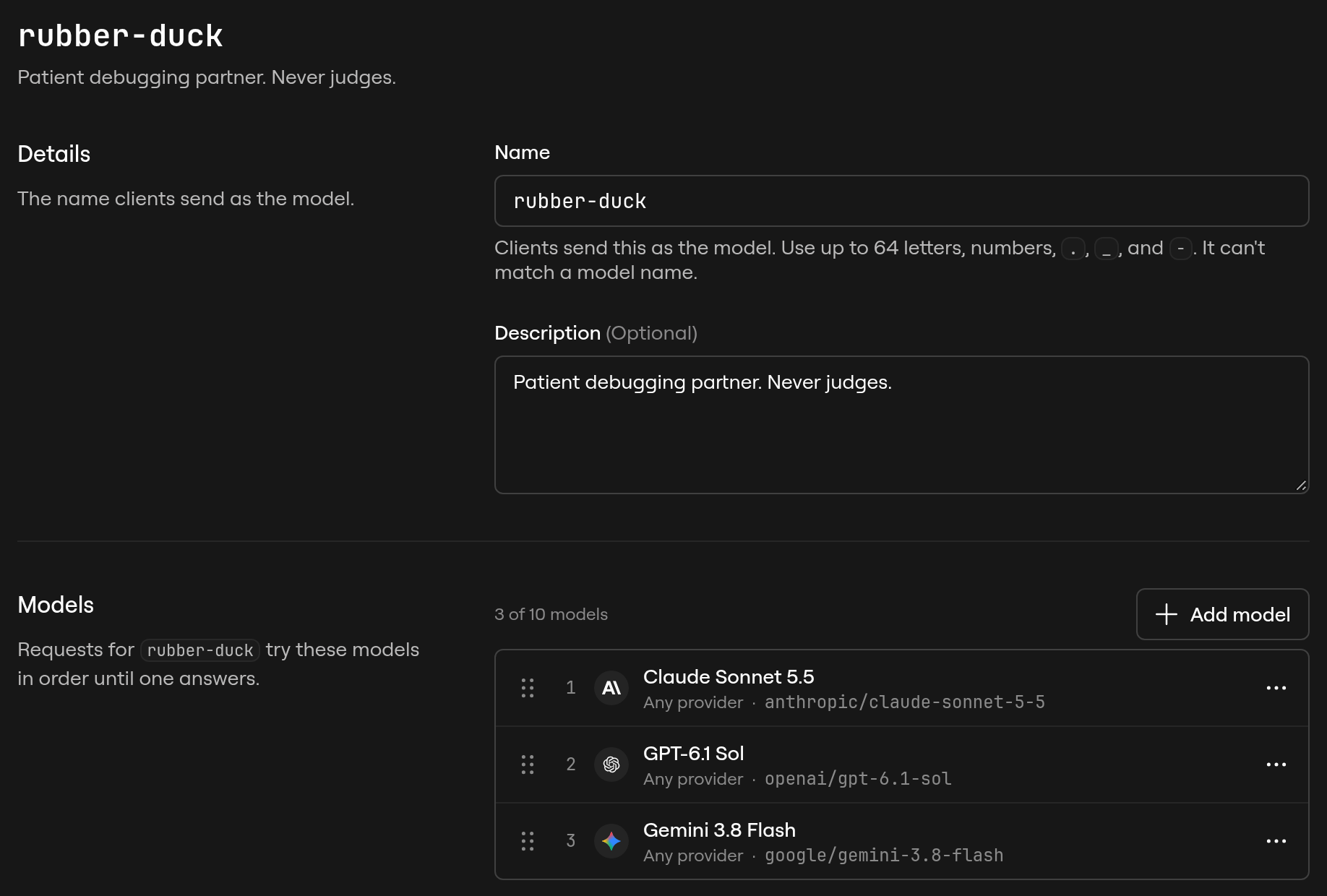 The rubber-duck virtual model in the AI Gateway dashboard, in dark mode. Its description reads "Patient debugging partner. Never judges." The Models section lists 3 of 10 models in failover order: Claude Sonnet 5.5, GPT-6.1 Sol, and Gemini 3.8 Flash, each from any provider, with drag handles to reorder them.